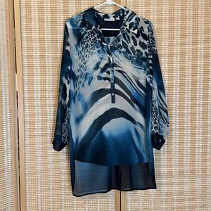 SUSAN GRAVER Womens 10 Tunic Long Sleeve Sheer Blue White Lagenlook Boho Artsy